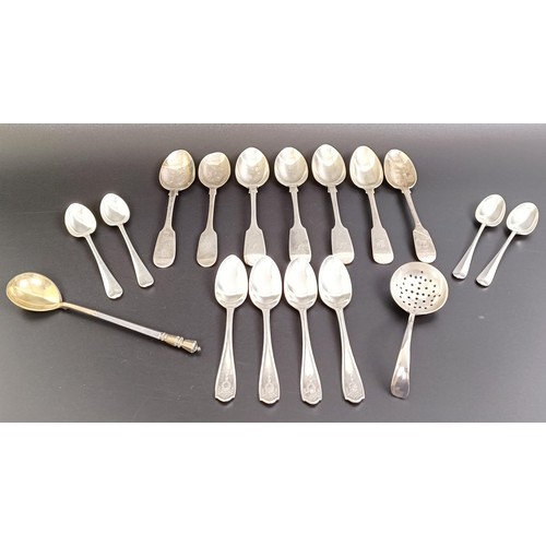 160 - Assorted silver spoons, various dates and marks, 9.2 ozt, and a silver plated and gilt spoon