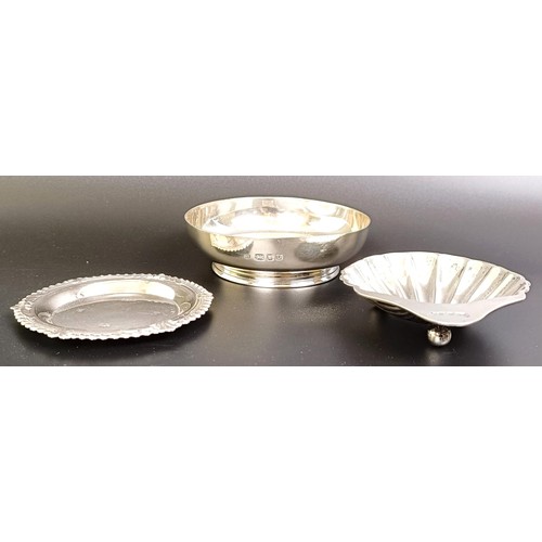 161 - A silver bowl, a shell form dish, and a pin tray, various dates and marks, 7.2 ozt (3)