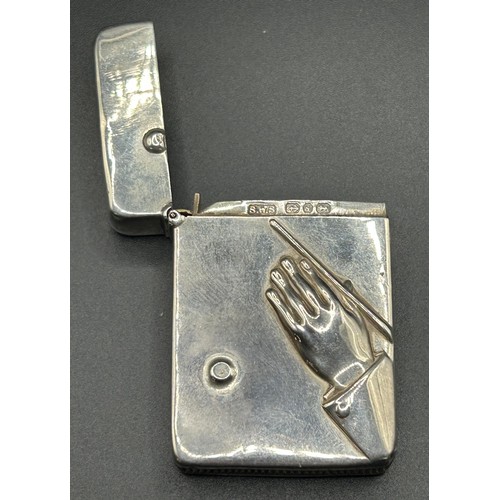 216 - A Victorian silver vesta case, embossed a snooker player striking the cue ball, Samuel Wal... 