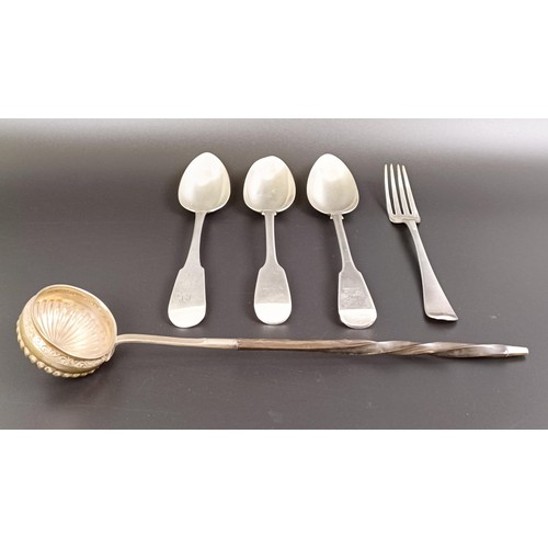 345 - Three silver fiddle pattern serving spoons, and Old English pattern fork, various dates and marks, 8... 