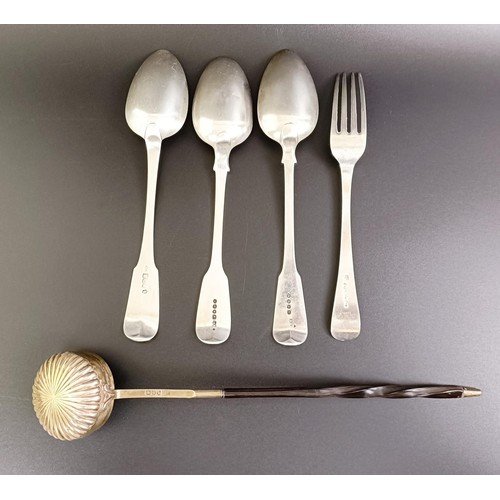 345 - Three silver fiddle pattern serving spoons, and Old English pattern fork, various dates and marks, 8... 