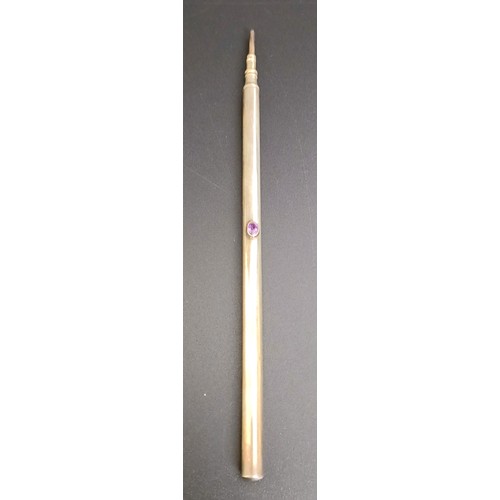 348 - An Edward VII Arts & Crafts silver and amethyst pen set, comprising a pen, letter opener and pro... 
