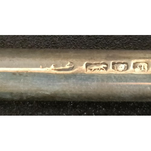 348 - An Edward VII Arts & Crafts silver and amethyst pen set, comprising a pen, letter opener and pro... 