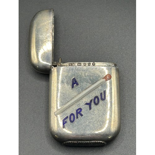 232 - A Victorian silver and enamel vesta case, A Match For You, inscribed, London 1886, 28.8 g (all in), ... 