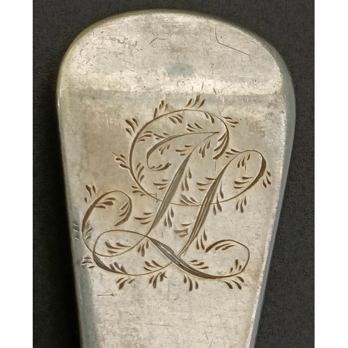 237 - A 17th/18th century silver trefid pattern spoon, initialled, and three silver 18th century Old Engli... 