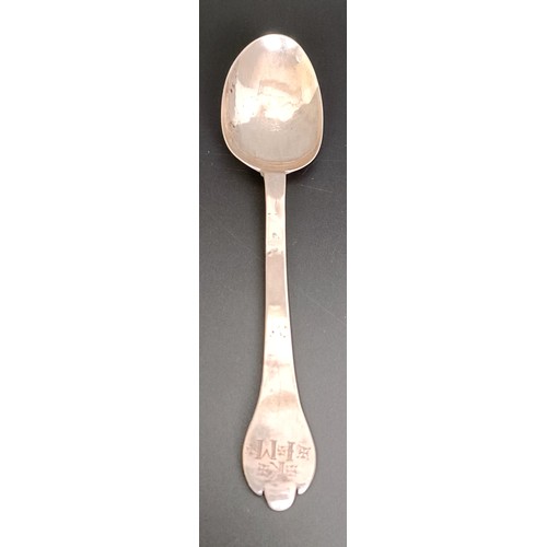 237 - A 17th/18th century silver trefid pattern spoon, initialled, and three silver 18th century Old Engli... 