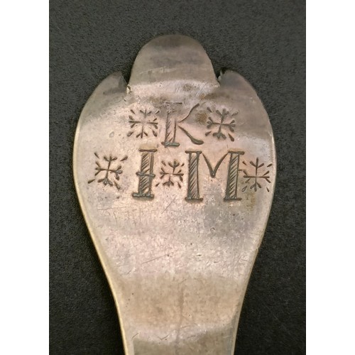 237 - A 17th/18th century silver trefid pattern spoon, initialled, and three silver 18th century Old Engli... 