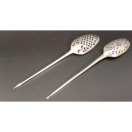 369 - An 18th century silver mote spoon, marks rubbed, and another (2)