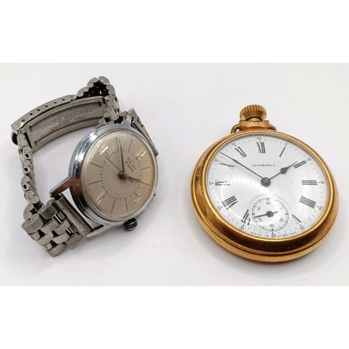 908 - A gentleman's stainless steel Poljot wristwatch, and an Ingersoll open face pocket watch (2)