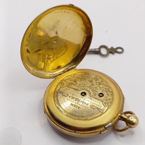 909 - A 19th century French gold open face pocket watch, with repeat, Pierre Huit No 13438, 80 g (all in)