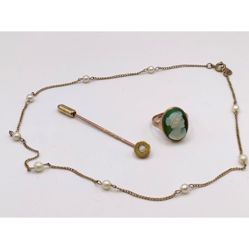 625 - A 9ct gold and pearl necklace, a 9ct gold and cameo glass ring, and a 9ct gold and opal stick pin (3... 