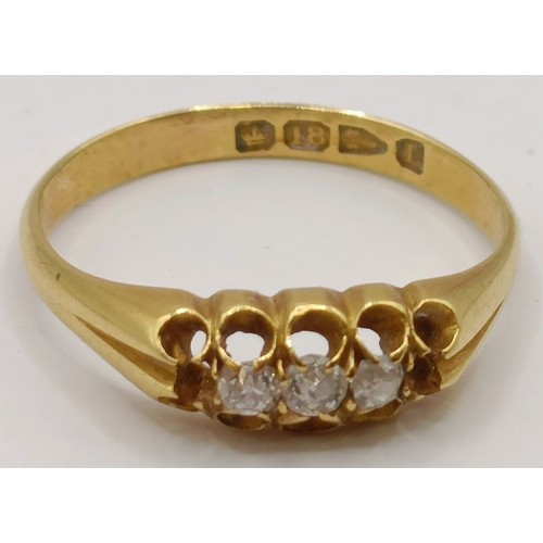 631 - An 18ct gold and diamond three stone ring, ring size M Provenance:  Sold on behalf of Dorset Wildlif... 