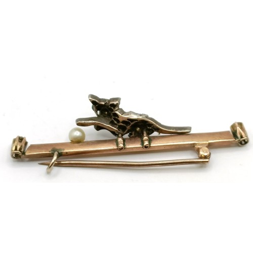 633 - An early 20th century yellow metal, diamond and pearl stick pin, in the form of a cat playing with a... 