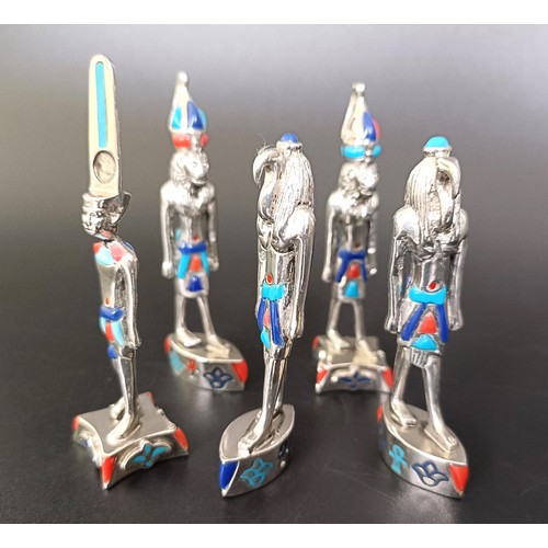 269 - A set of five Egyptian style silver coloured metal and enamel figures, 6 cm