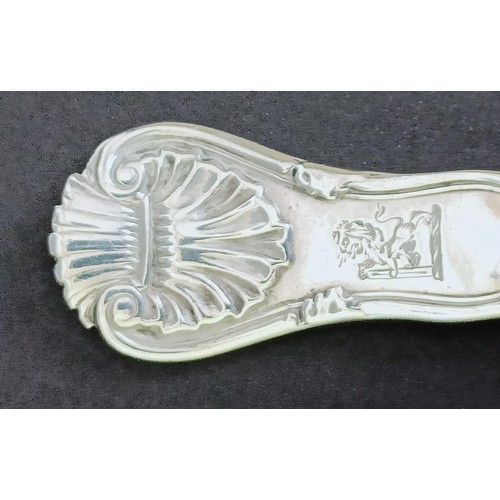 272 - A William IV silver salt spoon, London 1842, a set of five triffid pattern teaspoons, and two salt s... 