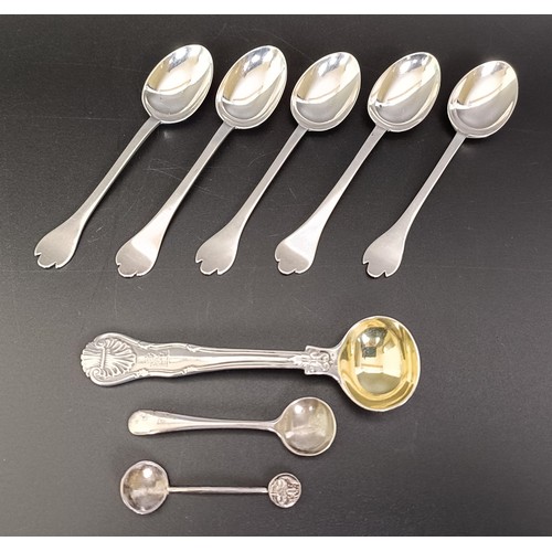 272 - A William IV silver salt spoon, London 1842, a set of five triffid pattern teaspoons, and two salt s... 