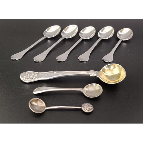 272 - A William IV silver salt spoon, London 1842, a set of five triffid pattern teaspoons, and two salt s... 