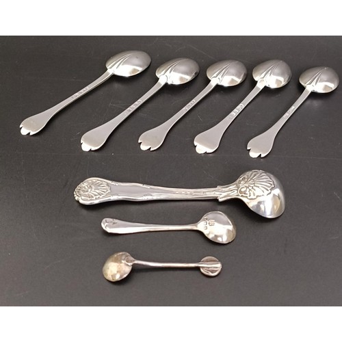 272 - A William IV silver salt spoon, London 1842, a set of five triffid pattern teaspoons, and two salt s... 