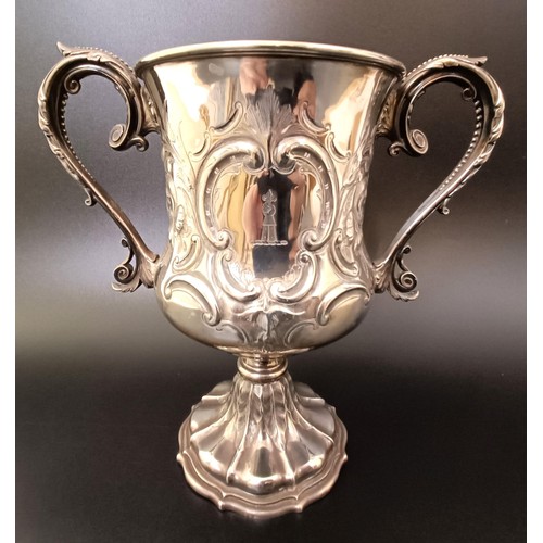 405 - A Victorian silver two handle trophy cup, inscribed and dated 1891, Sheffield 1860, 12.6 ozt, 21 cm ... 