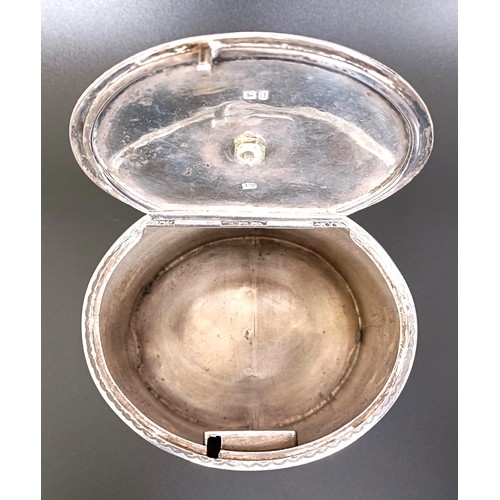 406 - A Victorian silver oval tea caddy, with engraved decoration, London 1856, 11.6 ozt, 11 cm wide