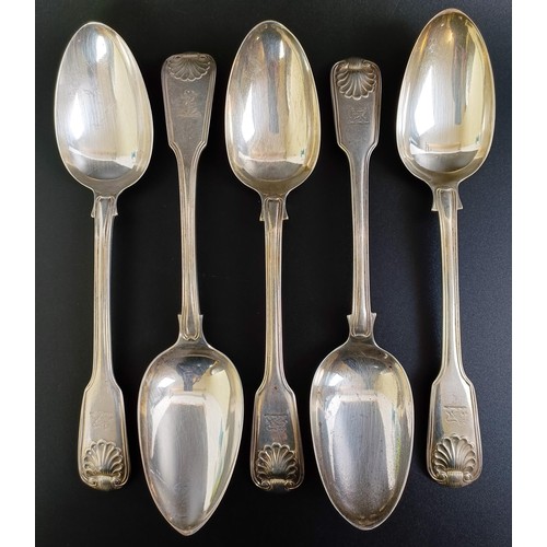 277 - A set of four early Victorian silver fiddle, thread and shell pattern serving spoons, London 1841, a... 