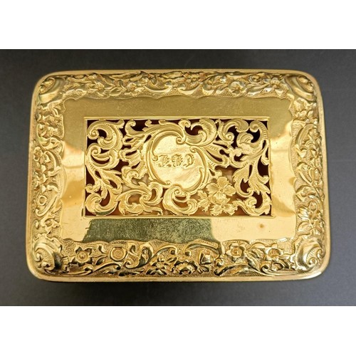 291 - A George IV silver gilt snuff box, with pierced and embossed decoration, initialled, Paul Storr, Lon... 