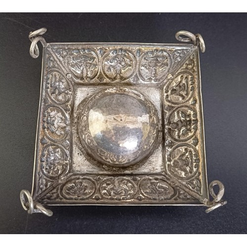 309 - An Eastern silver coloured metal compact, three salts, and an ashtray (5)