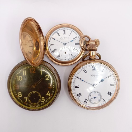 914 - A military open face pocket watch, and two gold plated pocket watches (3)