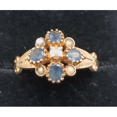 720 - A 9ct gold, sapphire and pearl ring, ring size M