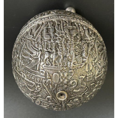 46 - A Persian silver coloured metal string box, 10 cm high