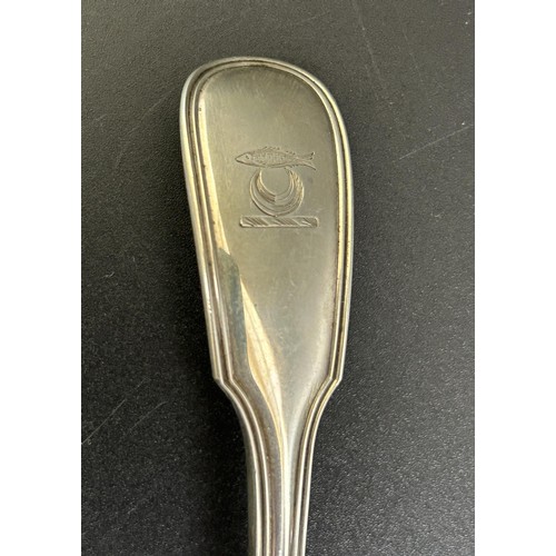 47 - A Victorian silver sifting spoon, with fish crest, London 1885, 2.1 ozt