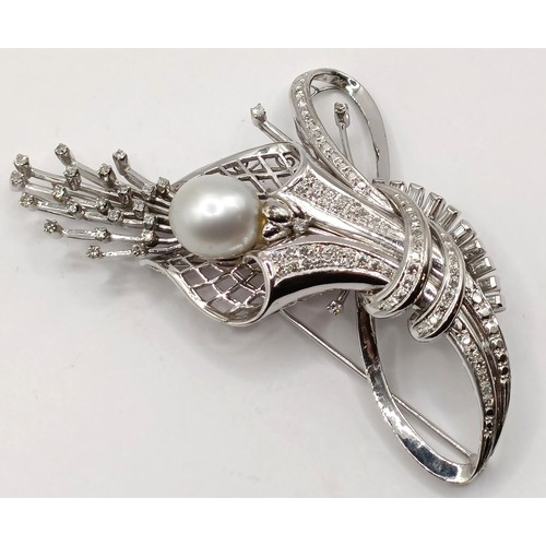 736 - An 18ct white gold, diamond and pearl brooch