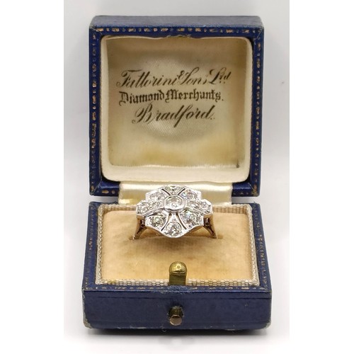 809 - An Art Deco style platinum and diamond cluster ring, ring size N, in a vintage jewellery box