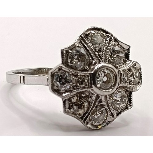 809 - An Art Deco style platinum and diamond cluster ring, ring size N, in a vintage jewellery box