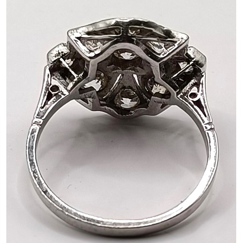 809 - An Art Deco style platinum and diamond cluster ring, ring size N, in a vintage jewellery box