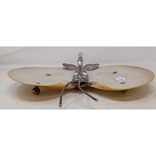 1039 - A Chinese silver coloured metal and mother of pearl two section dish, in the form of a butterfly, wi... 