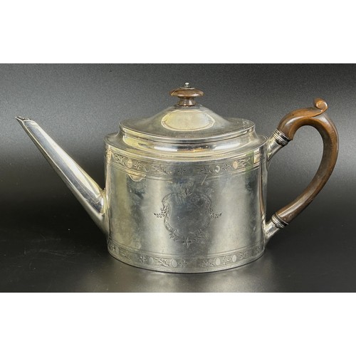 413 - A George III silver teapot and stand, monogrammed, with bright cut decoration, London 1794, 21.0 ozt... 