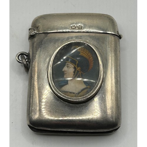 294 - A George V silver vesta case, with portrait of soldier, Birmingham 1919, 37.6 g (all in), 5.5 cm hig... 