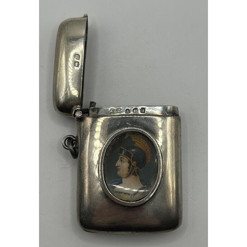 294 - A George V silver vesta case, with portrait of soldier, Birmingham 1919, 37.6 g (all in), 5.5 cm hig... 