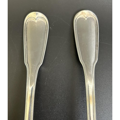 325 - A pair of Continental silver coloured metal basting spoons, initialled, and another similar pair, 17... 