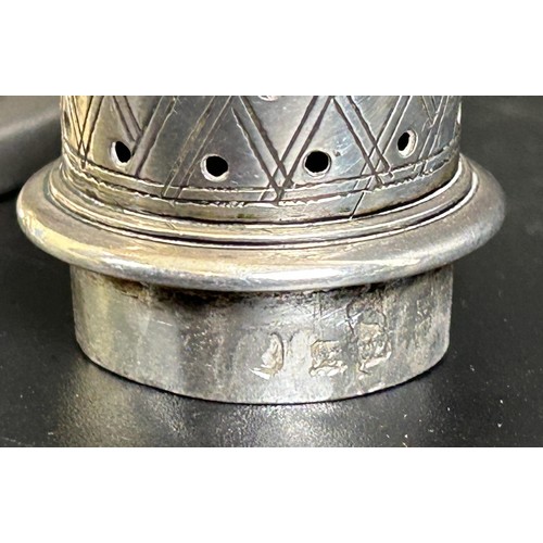 353 - A George III silver caster, with square foot, initialled, London 1796, 2.7 ozt, 14 cm high