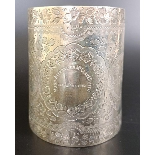 183 - An Edward VII silver mug, with engraved decoration, inscribed and dated, Sheffield 1901, 4.2 ozt, 7.... 