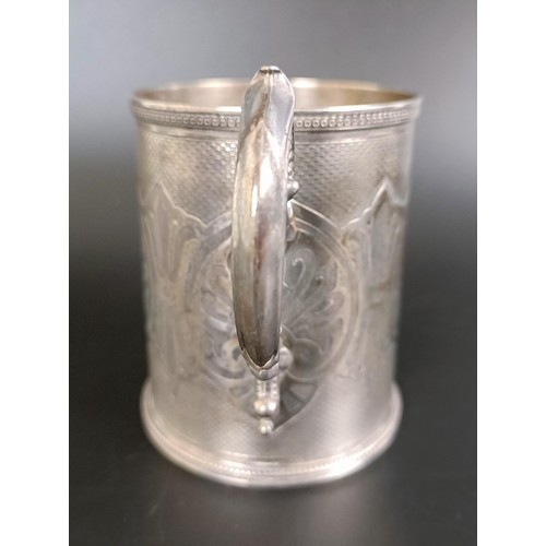 187 - A Victorian silver mug, with engine turned decoration, inscribed and dated, London 1871, 6.1 ozt, 10... 