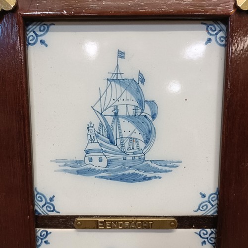 1074 - Twelve Delft tiles, decorated ships, in two mahogany brass bound frames, 89 x 20 cm (2)