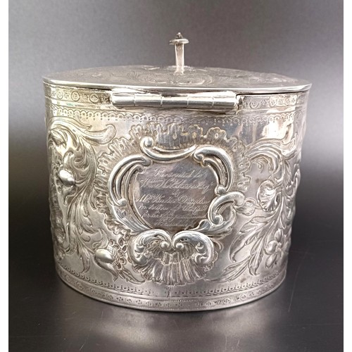 250 - A George III silver tea caddy, with chased decoration, crested and inscribed, London 1783, 12.4 ozt ... 