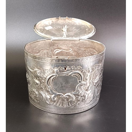 250 - A George III silver tea caddy, with chased decoration, crested and inscribed, London 1783, 12.4 ozt ... 