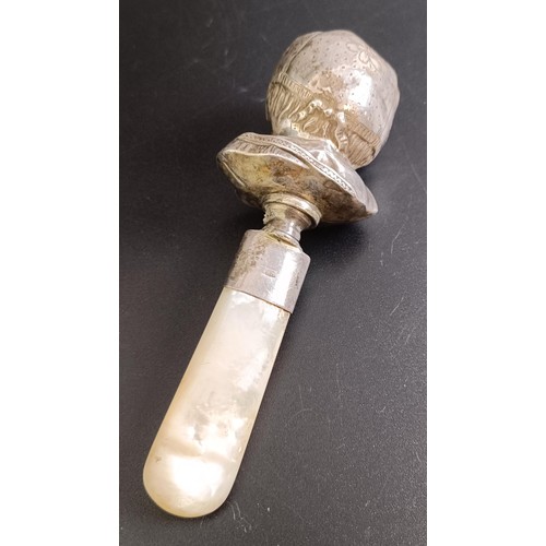 279 - A Victorian baby's silver rattle, with mother of pearl teether, London 1881, cased