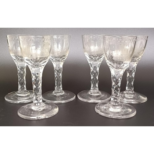 1157 - A set of six late18th/early 19th century glasses, the bowls engraved landscapes (6)