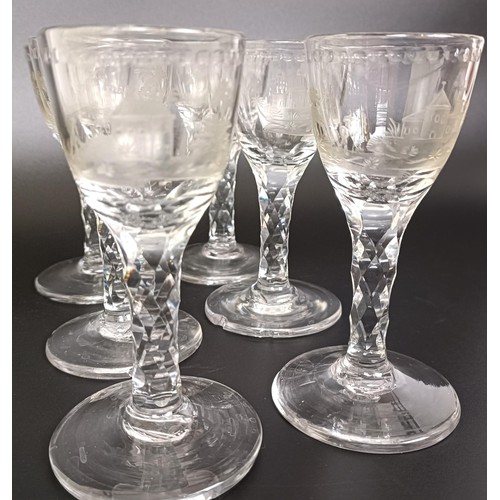 1157 - A set of six late18th/early 19th century glasses, the bowls engraved landscapes (6)