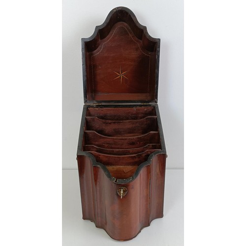 1020 - A mahogany serpentine knife box, lacking interior, 23 cm wide, and assorted metalware (qty)